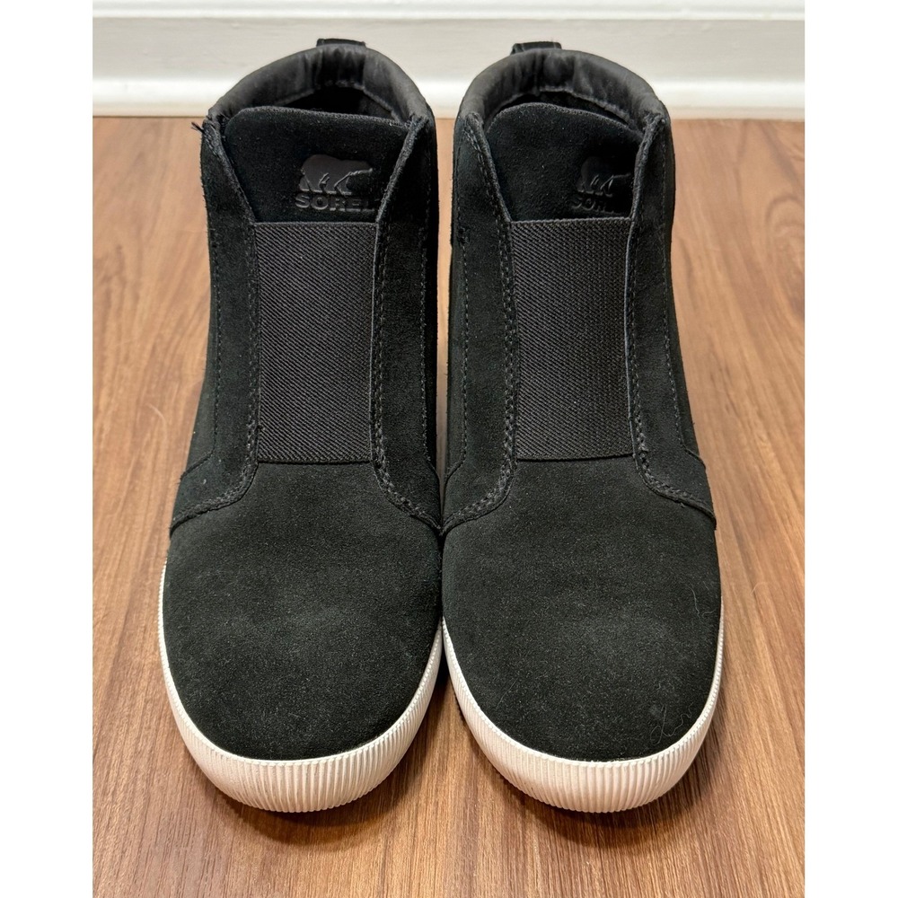 Sorel Out N About Pull On Hidden Wedge Black Suede Sneaker Boots Women Sz 9 - Picture 5 of 10